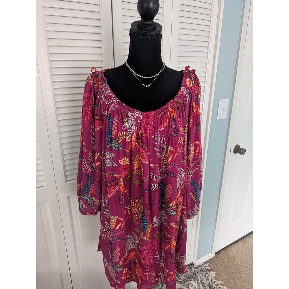 Susan Graver Rayon Top Womens 2X Tropical 3/4-Sleeve Boho Peasant Pink Multi New
